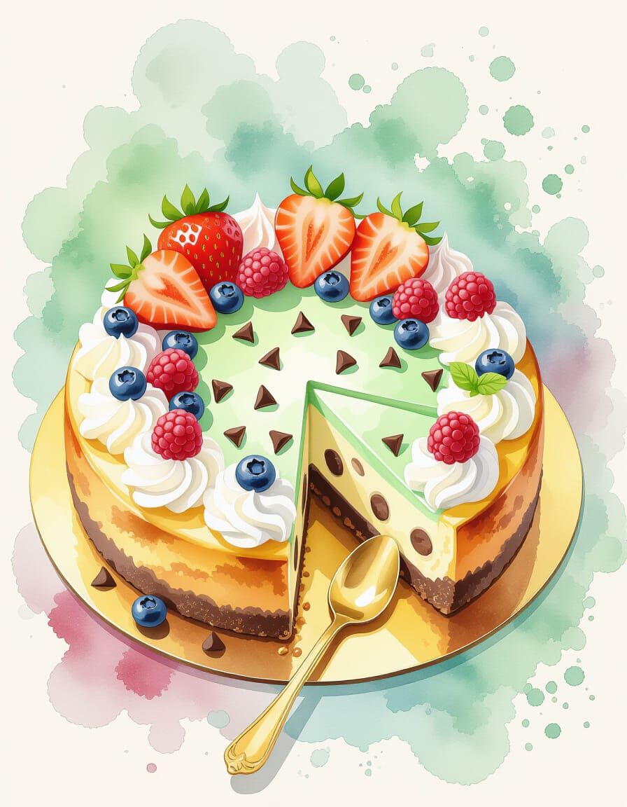 Whimsical Watercolor Mint Chocolate Chip Cheesecake Art