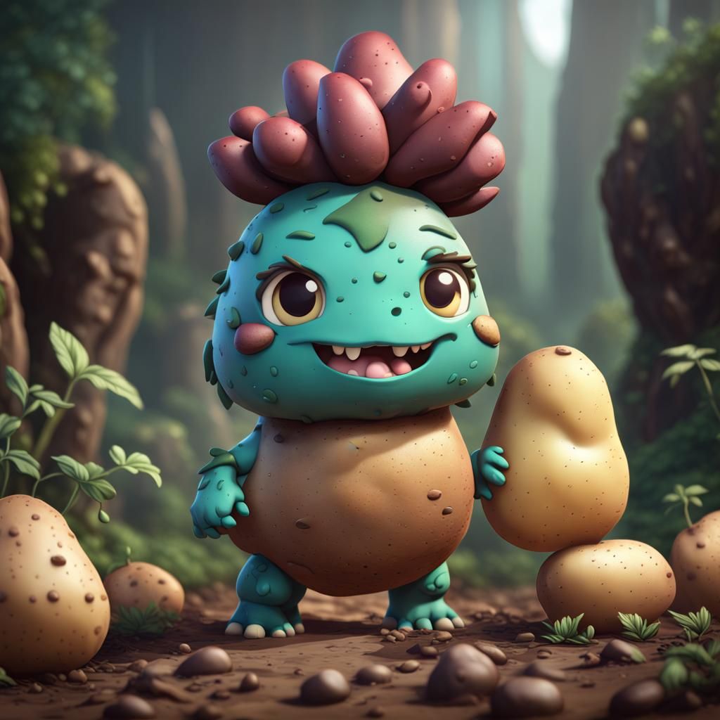 Chibi Potato Dinosaur Character in Detailed Digital Art