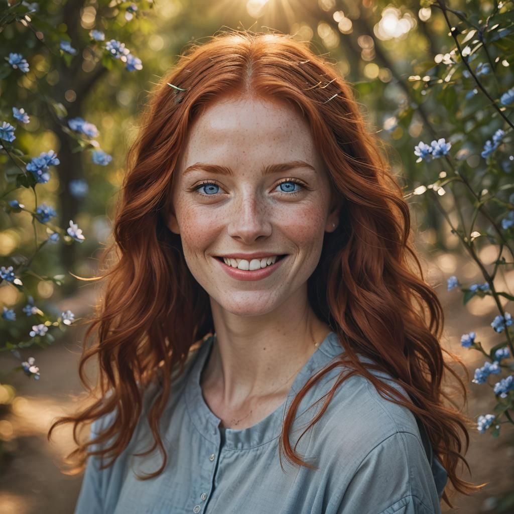 Smiling Redhead Portrait with Bokeh, Natural Light Photograp...