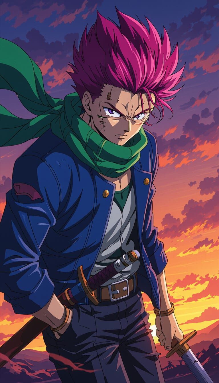 Anime Swordsman in Dramatic Sunset, Cel-Shaded Style