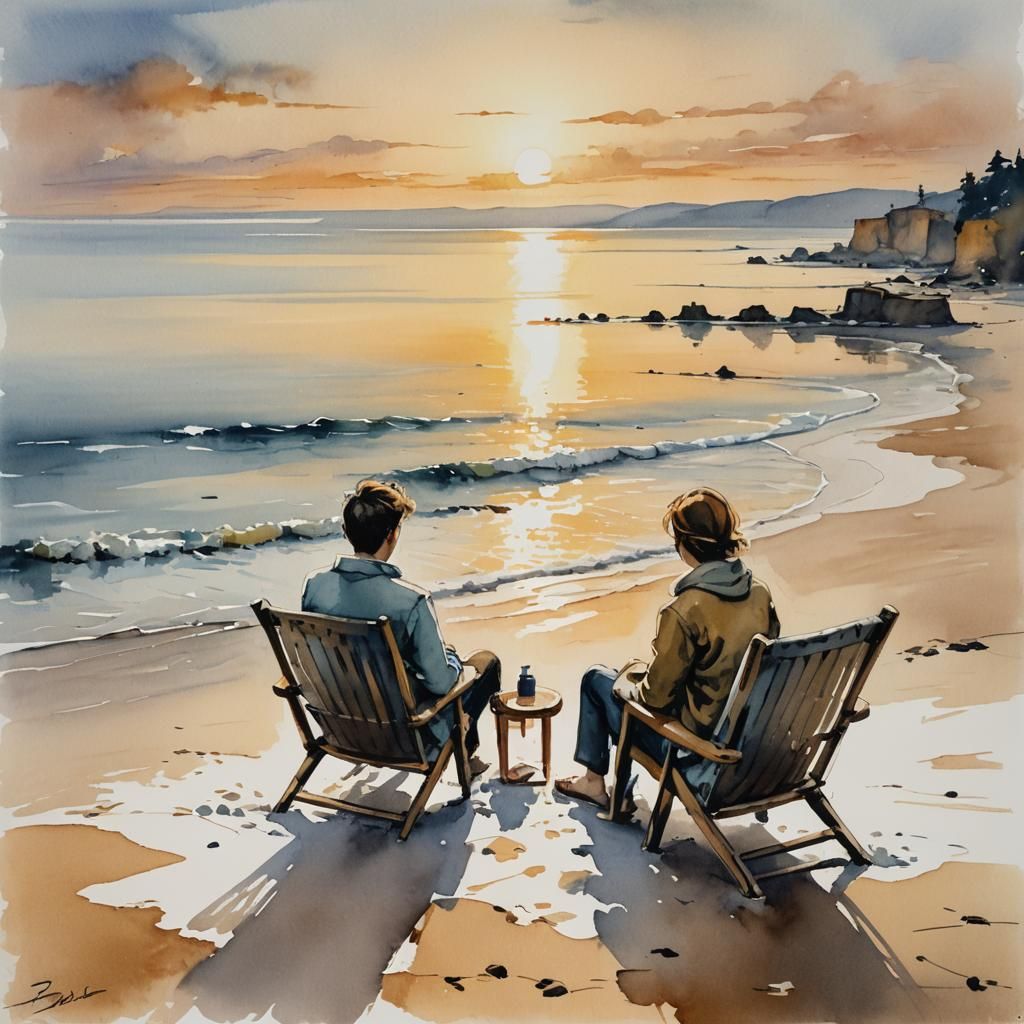 Lovers Watch Sunrise: Modern Ink Painting