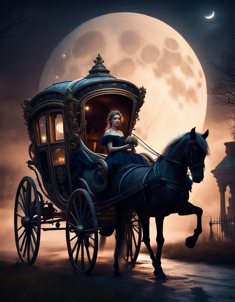 Victorian Woman and Horse-Drawn Carriage at Night