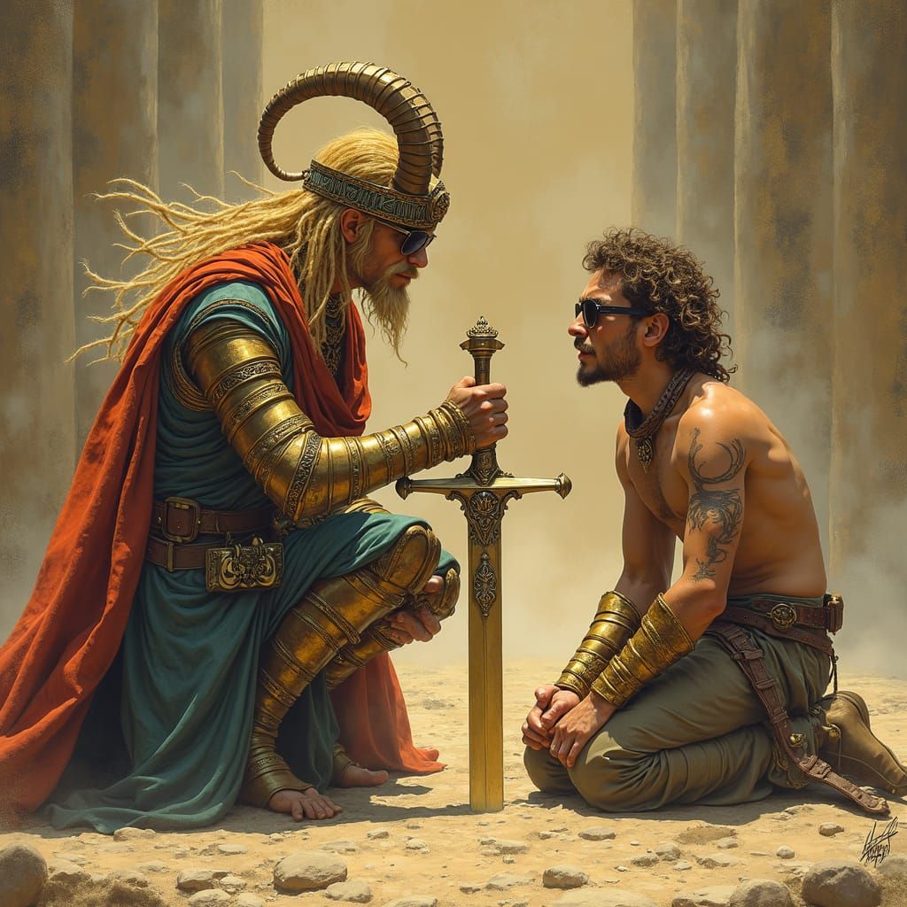 Tartarian Emperor Knighting Cousin with Golden Sword