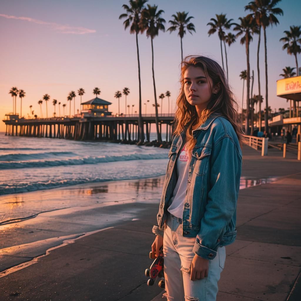 Ocean Beach Sunset in Synthwave Neon Style