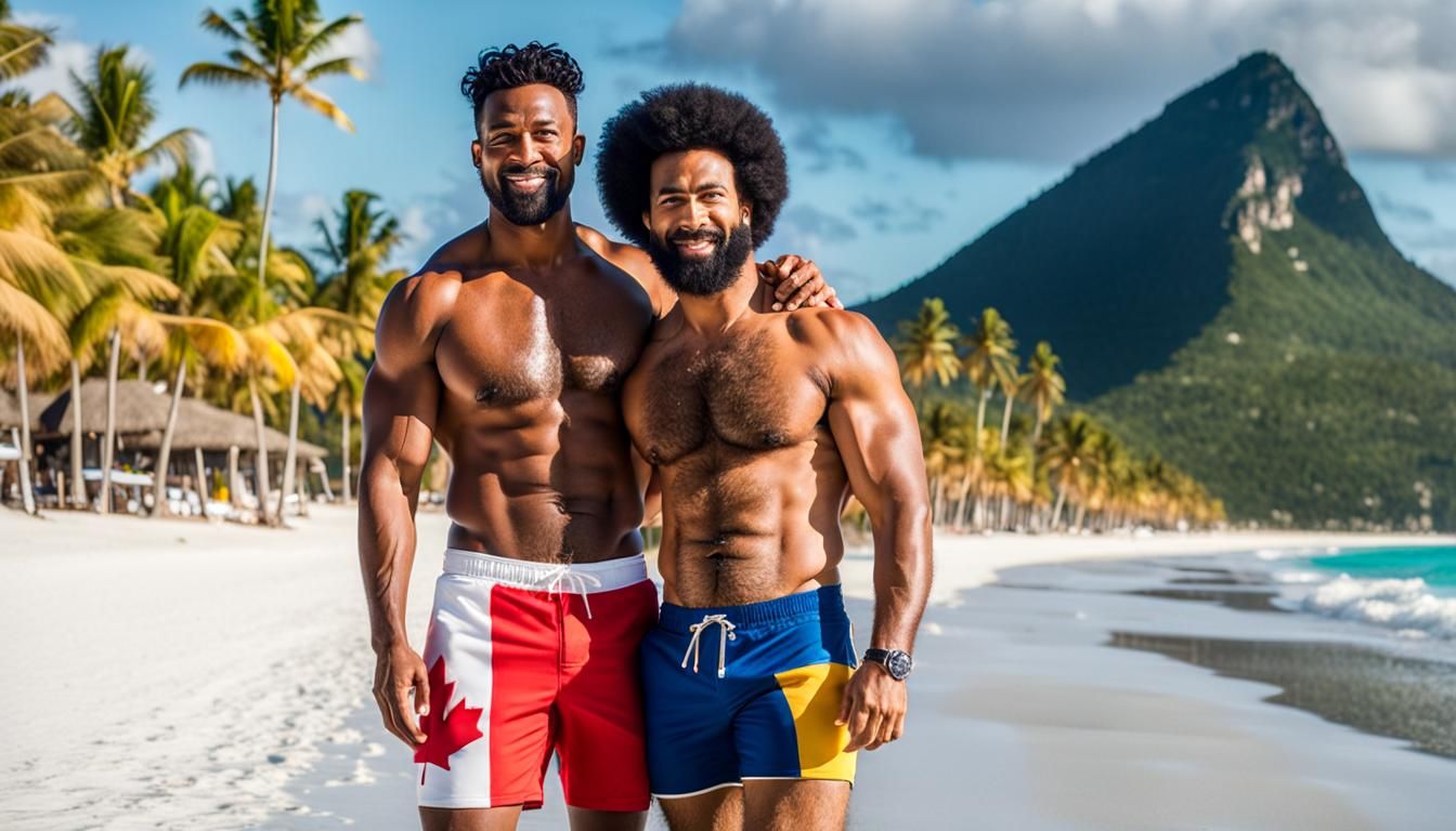 Gay Couple on Beach in National Flag Shorts