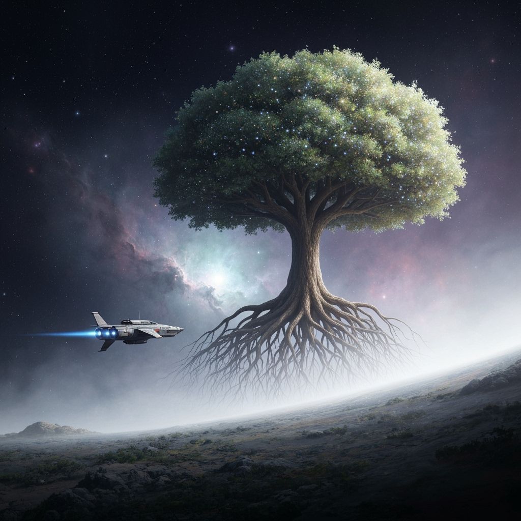 Spaceship Drifting Near Ancient Tree in Nebula