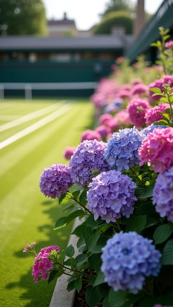 Wimbledon Court Bordered by Hydrangeas and Petunias