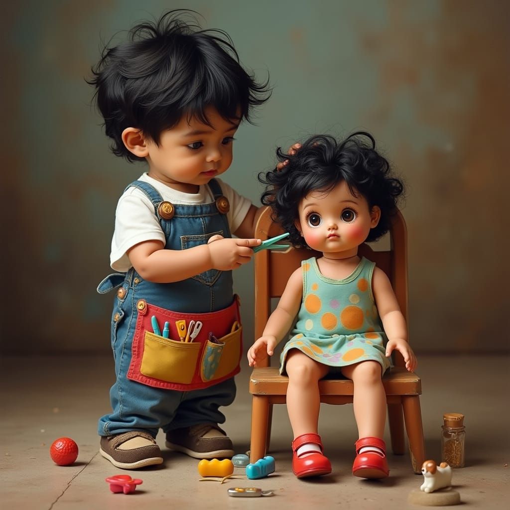 Young Boy Prepares Doll for a Haircut in Photorealistic Styl...