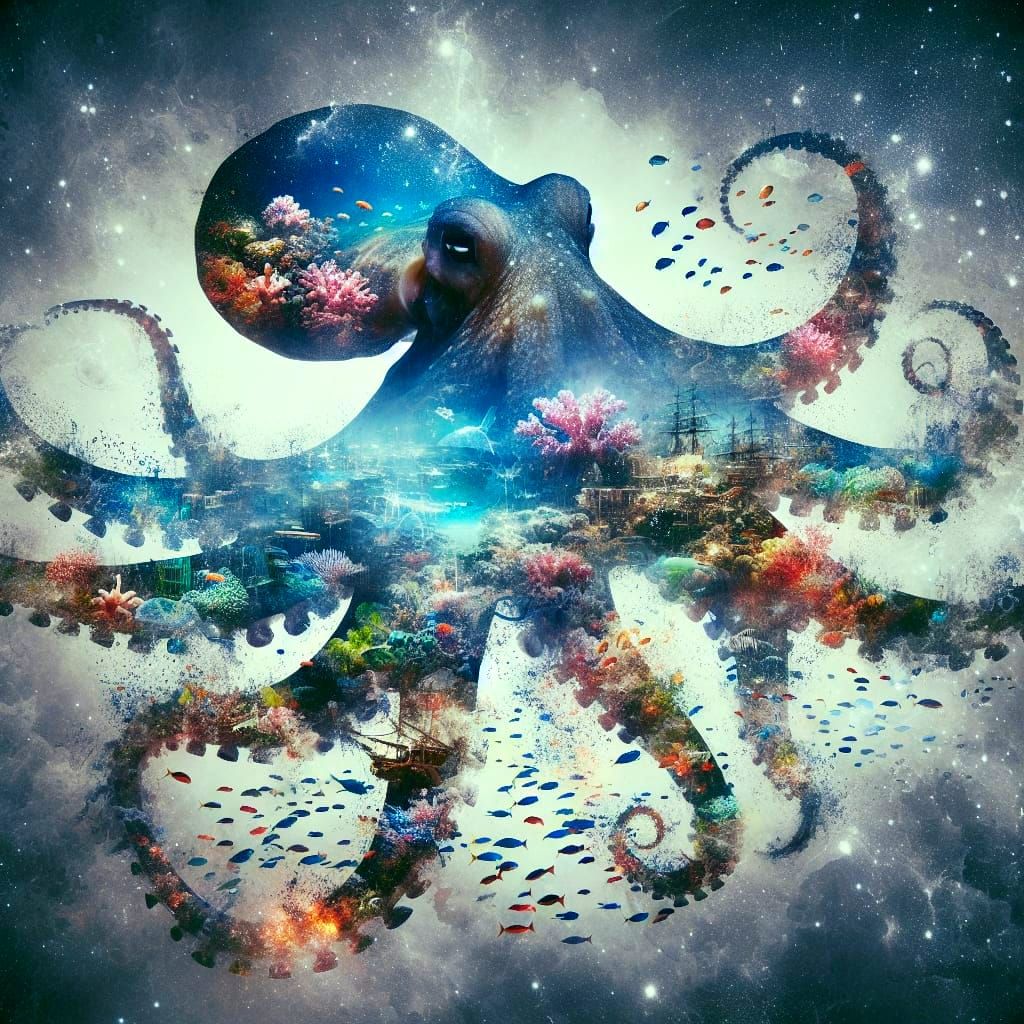 Surreal Octopus in Double Exposure Art