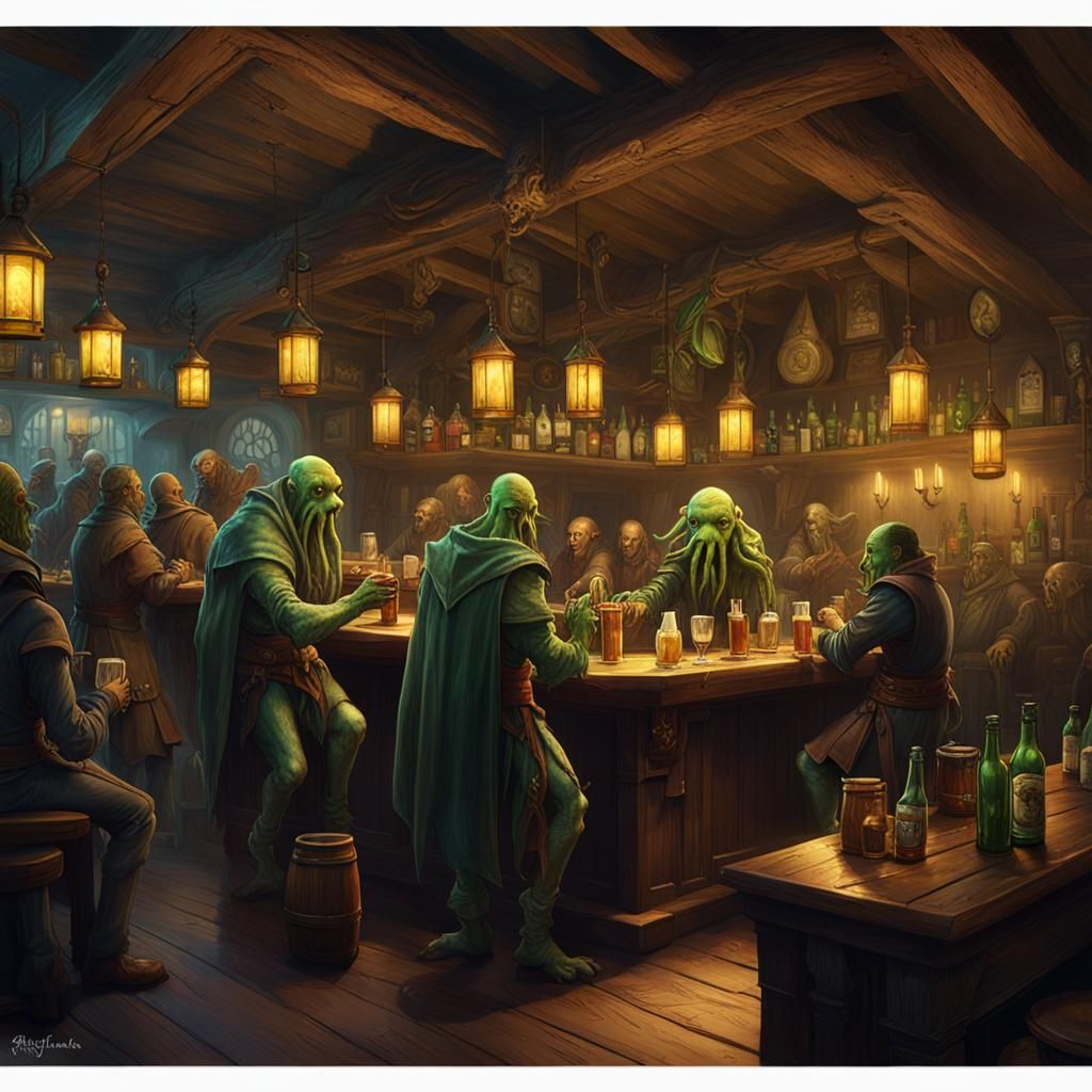Cthulhu Mindflayer Bartender: Dark Fantasy Tavern Scene