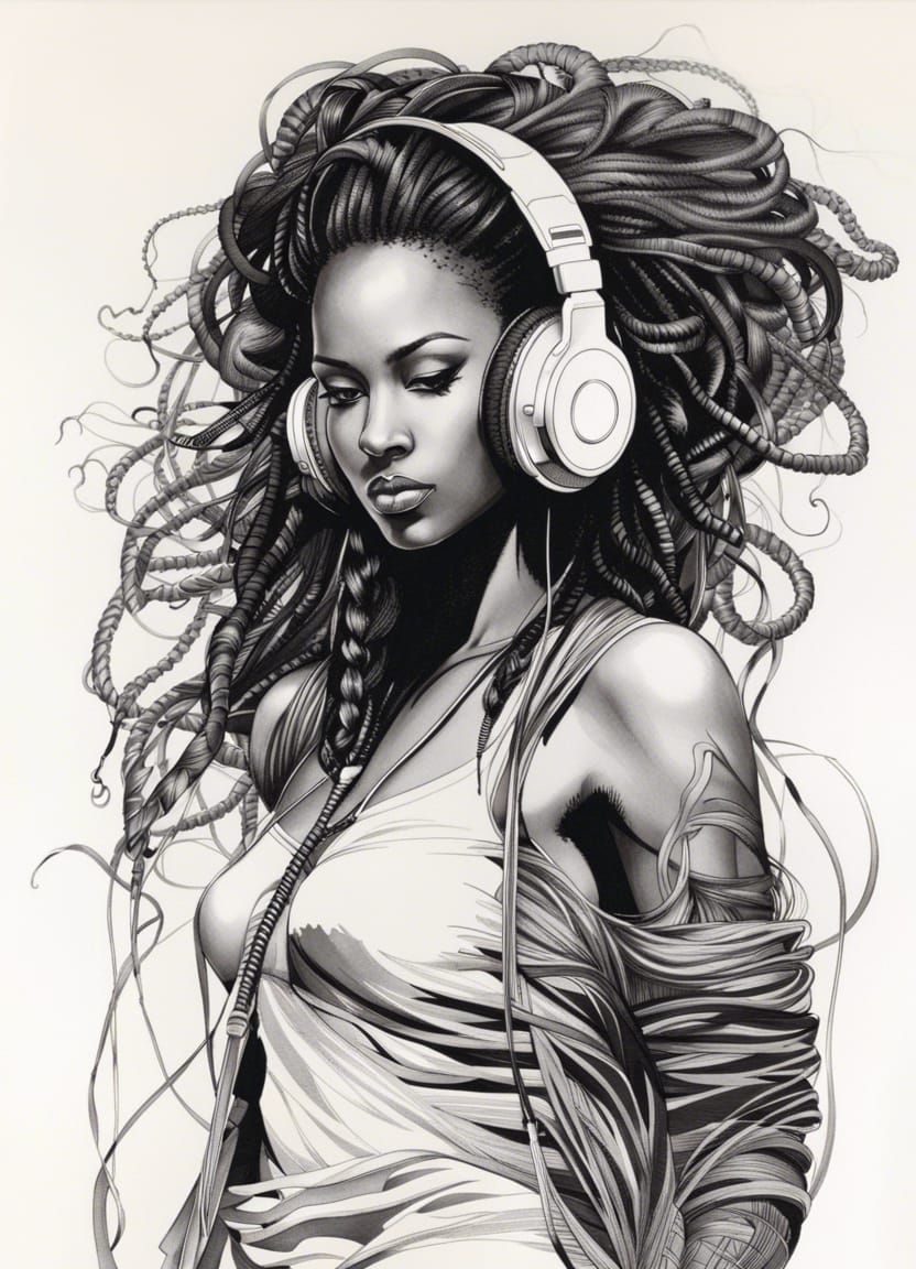 African Woman Portrait in Ink Line Art Style