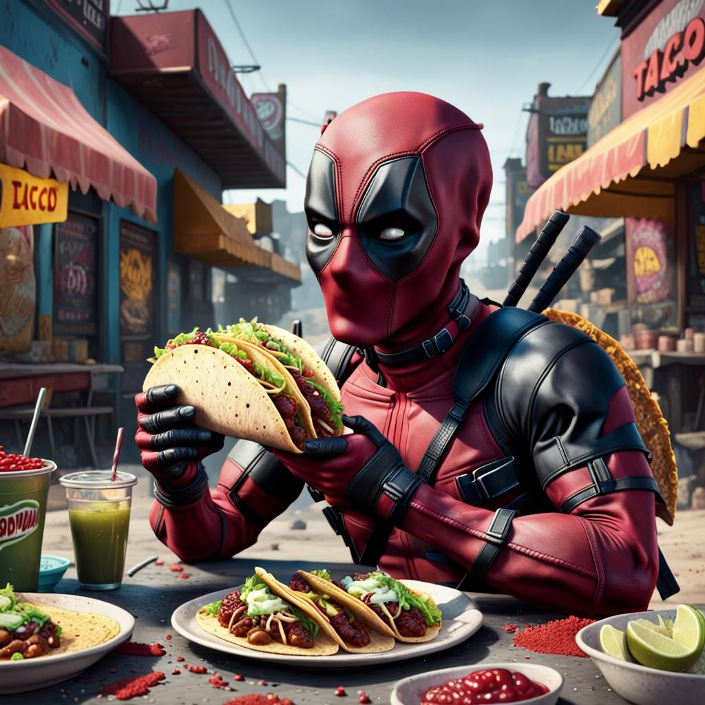 Deadpool Eating Tacos in Lowbrow Surrealism