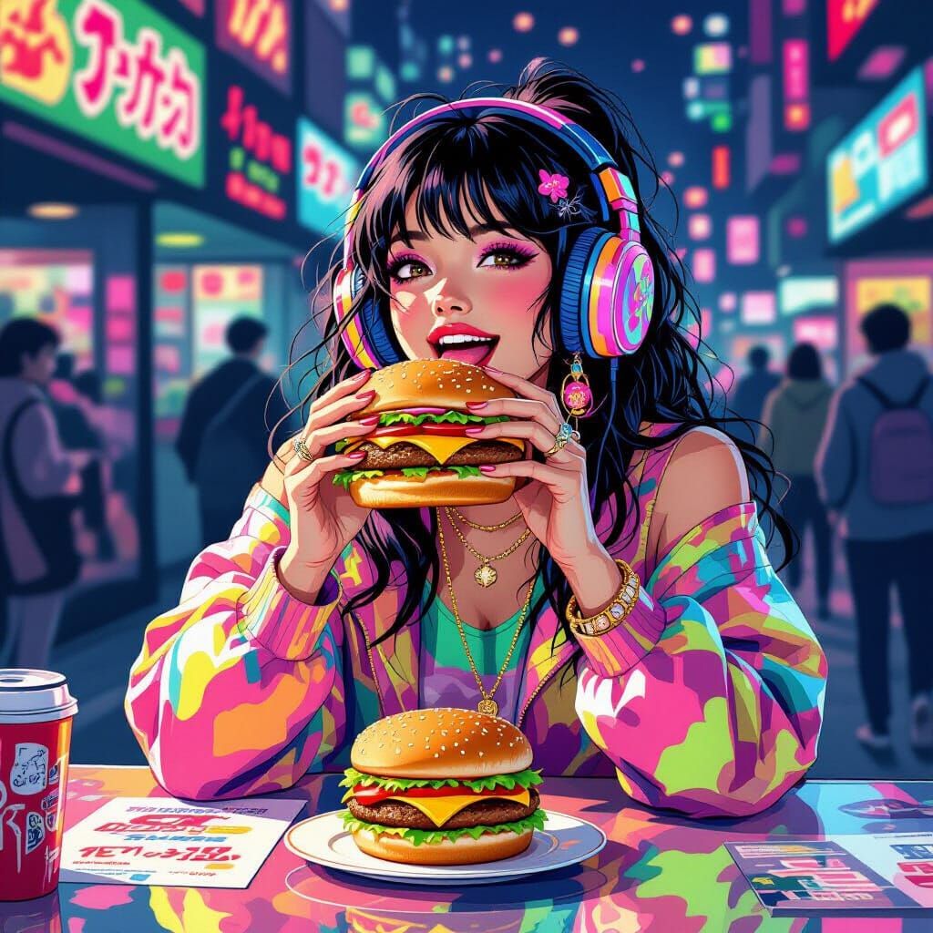 Psychedelic Woman Enjoys Burger in Murakami-esque Setting