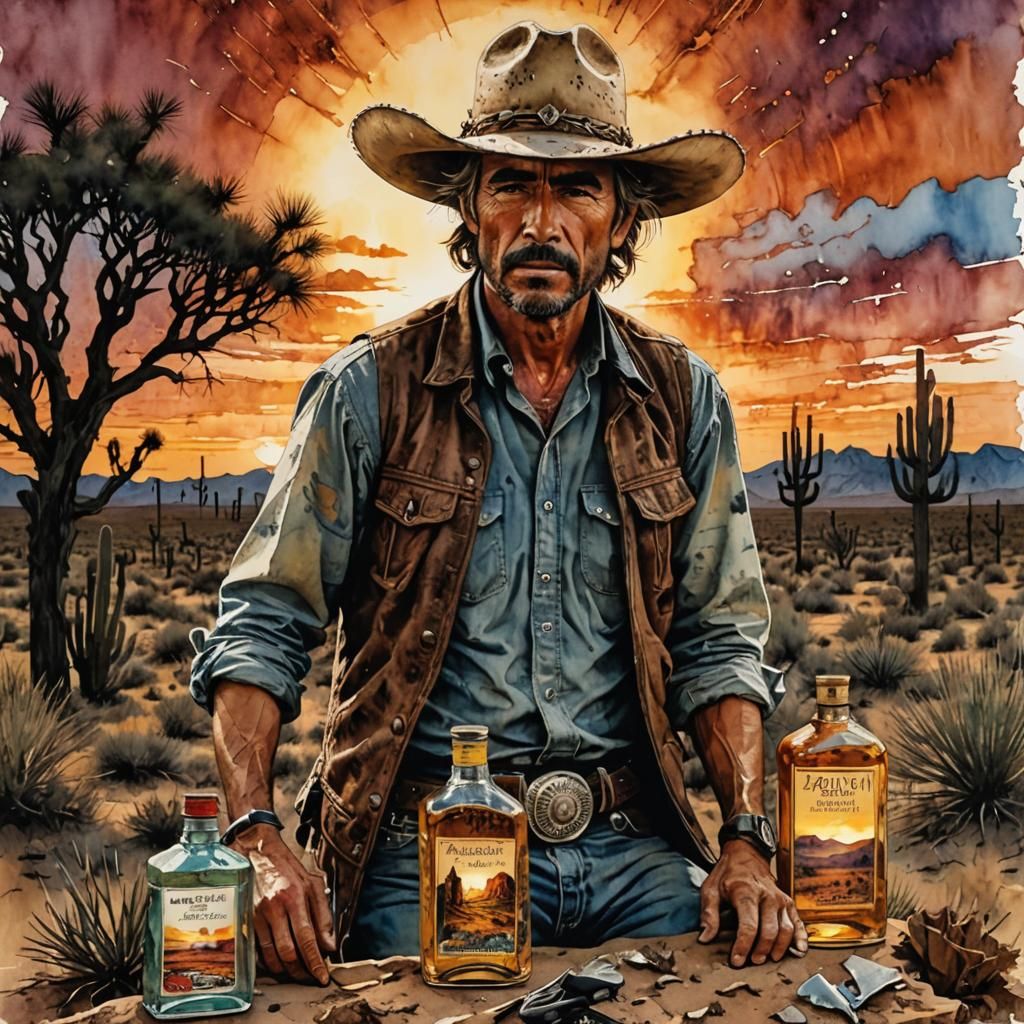 Mexican Ranchero at Desert Sunset: Digital Watercolor Collag...