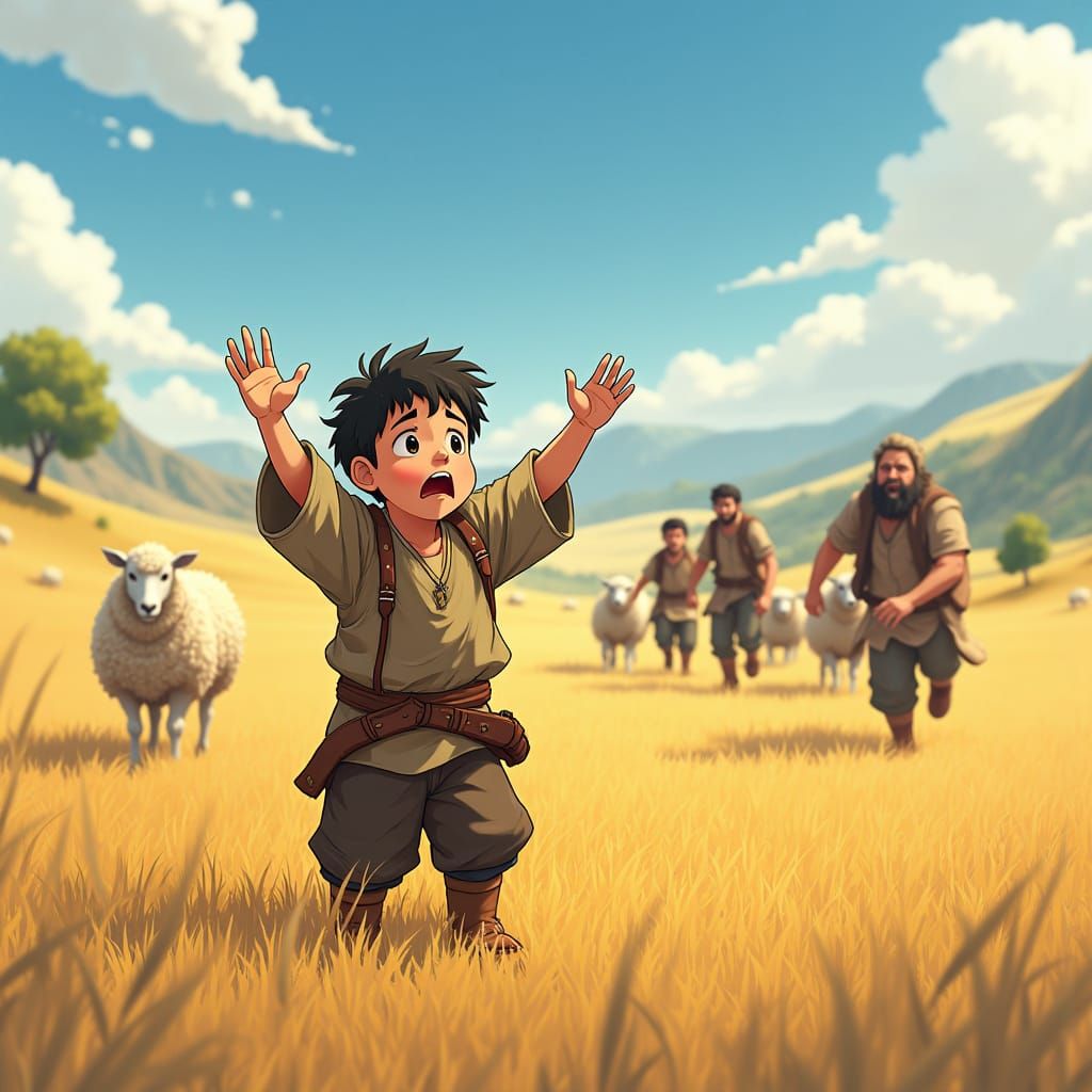 Anime Boy Cries Wolf in Sun-Drenched Field