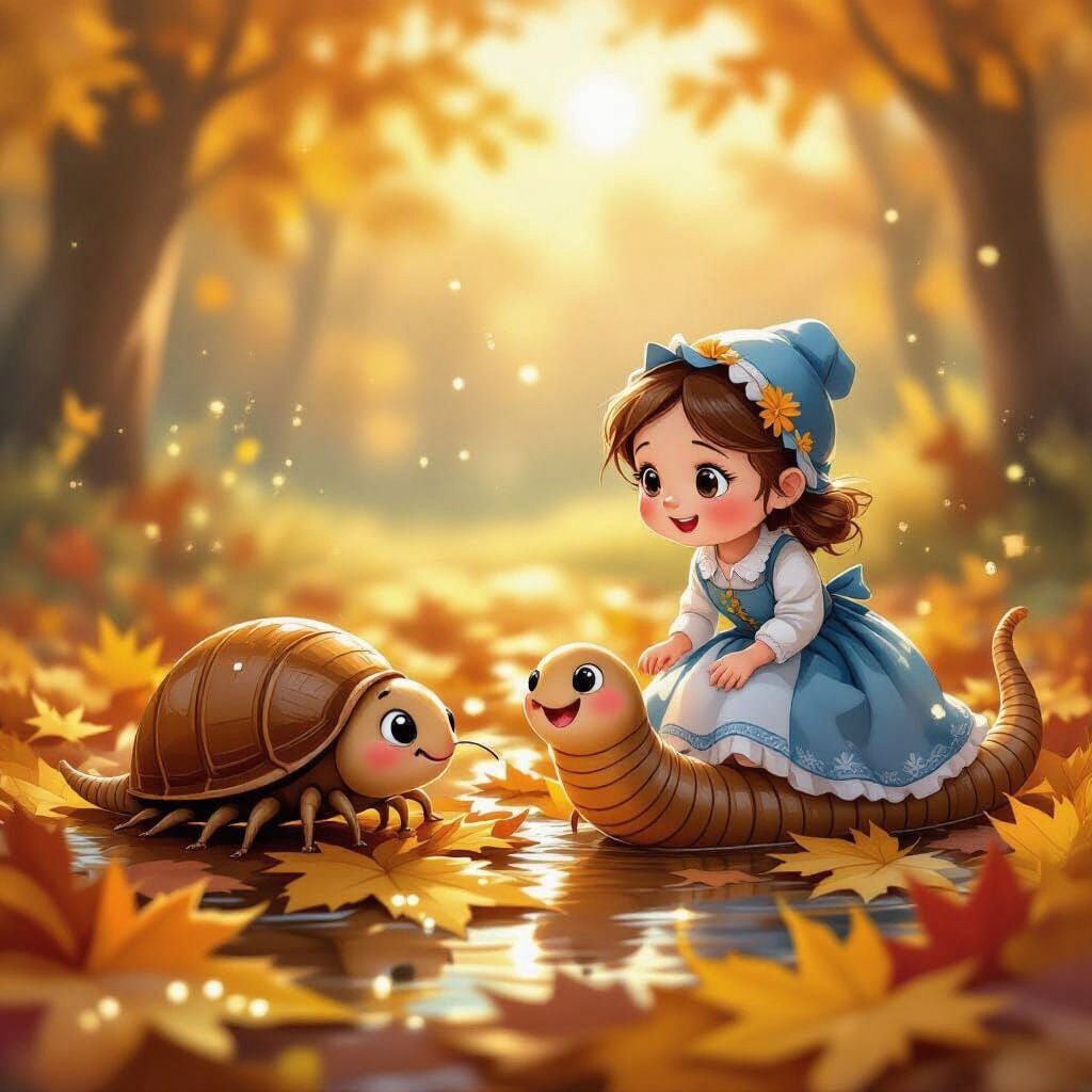 Adorable Girl, Woodlouse & Earthworm in Enchanted Forest