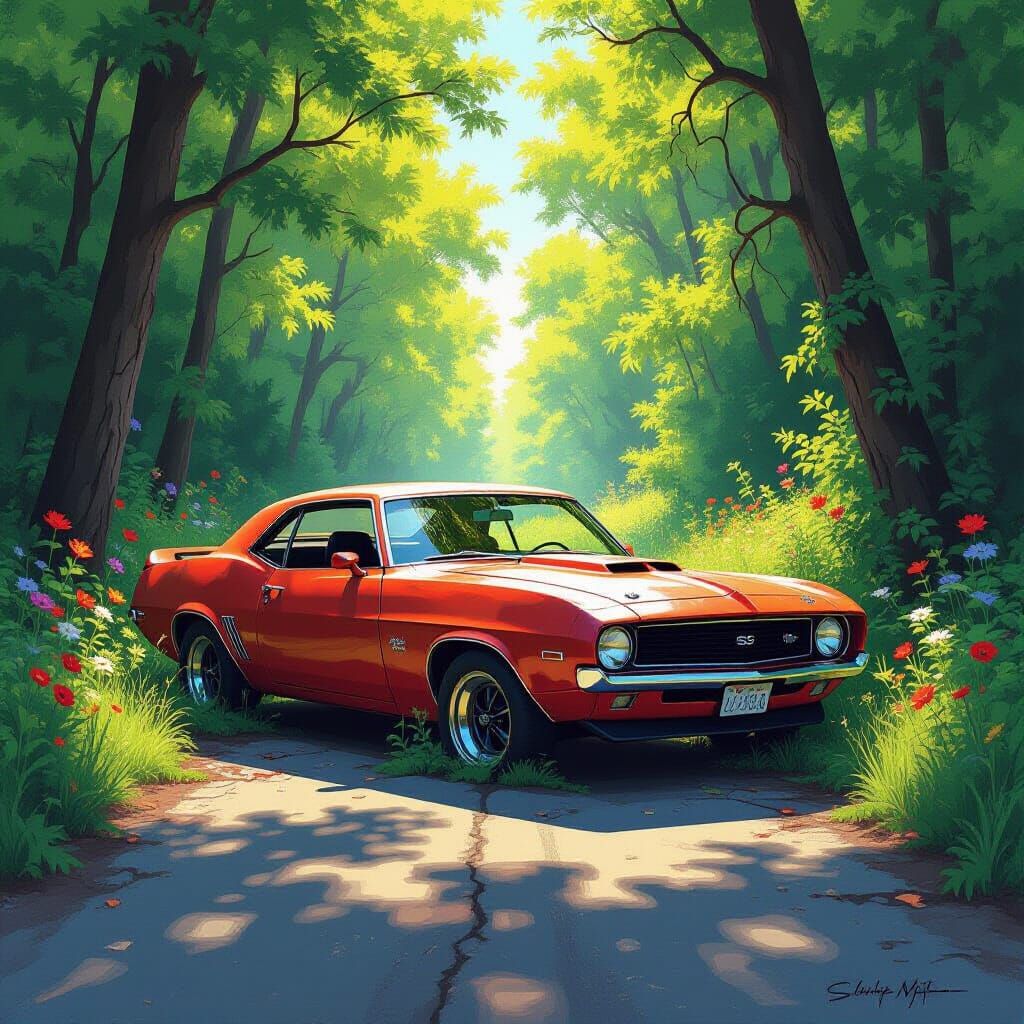 Rusted Muscle Car Overgrown with Wildflowers in Monet Style