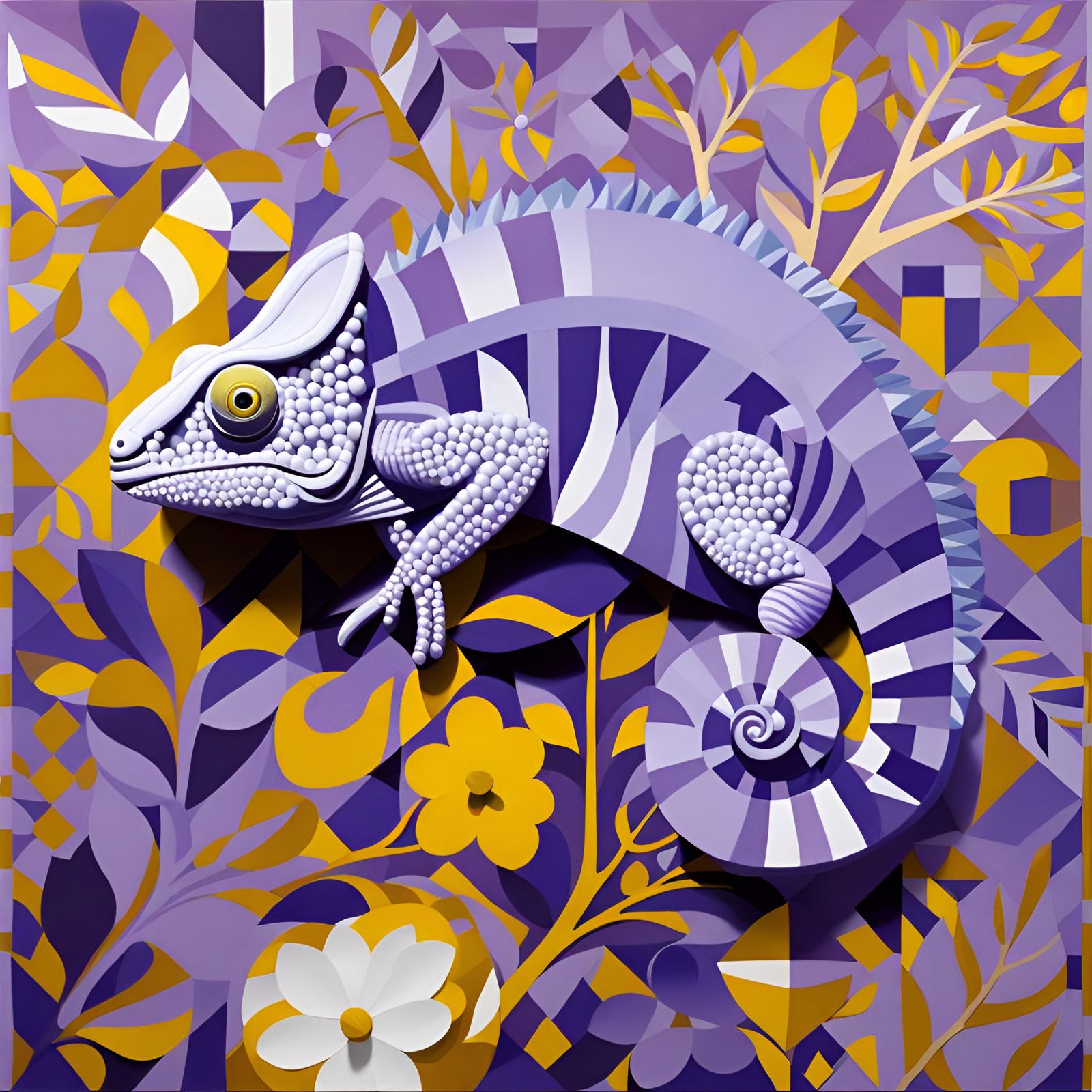 Op-Art Chameleon on Flowering Branch