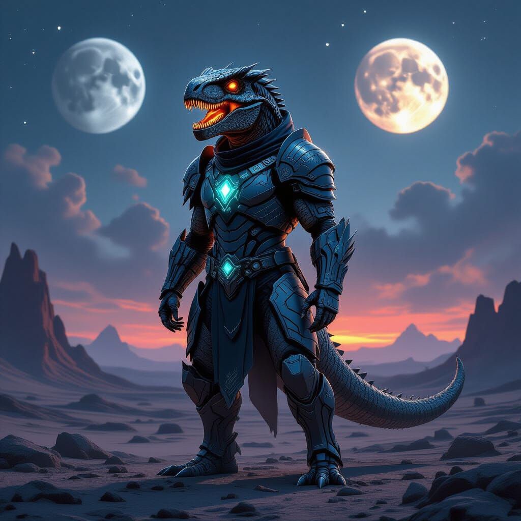 Cybernetic T-Rex in Obsidian Armor on Alien Planet