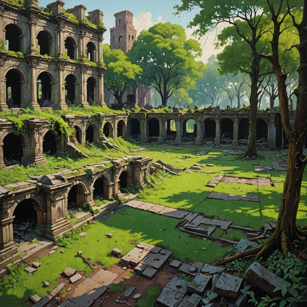 Vibrant Park Amid Dark Ruins: Oil Painting