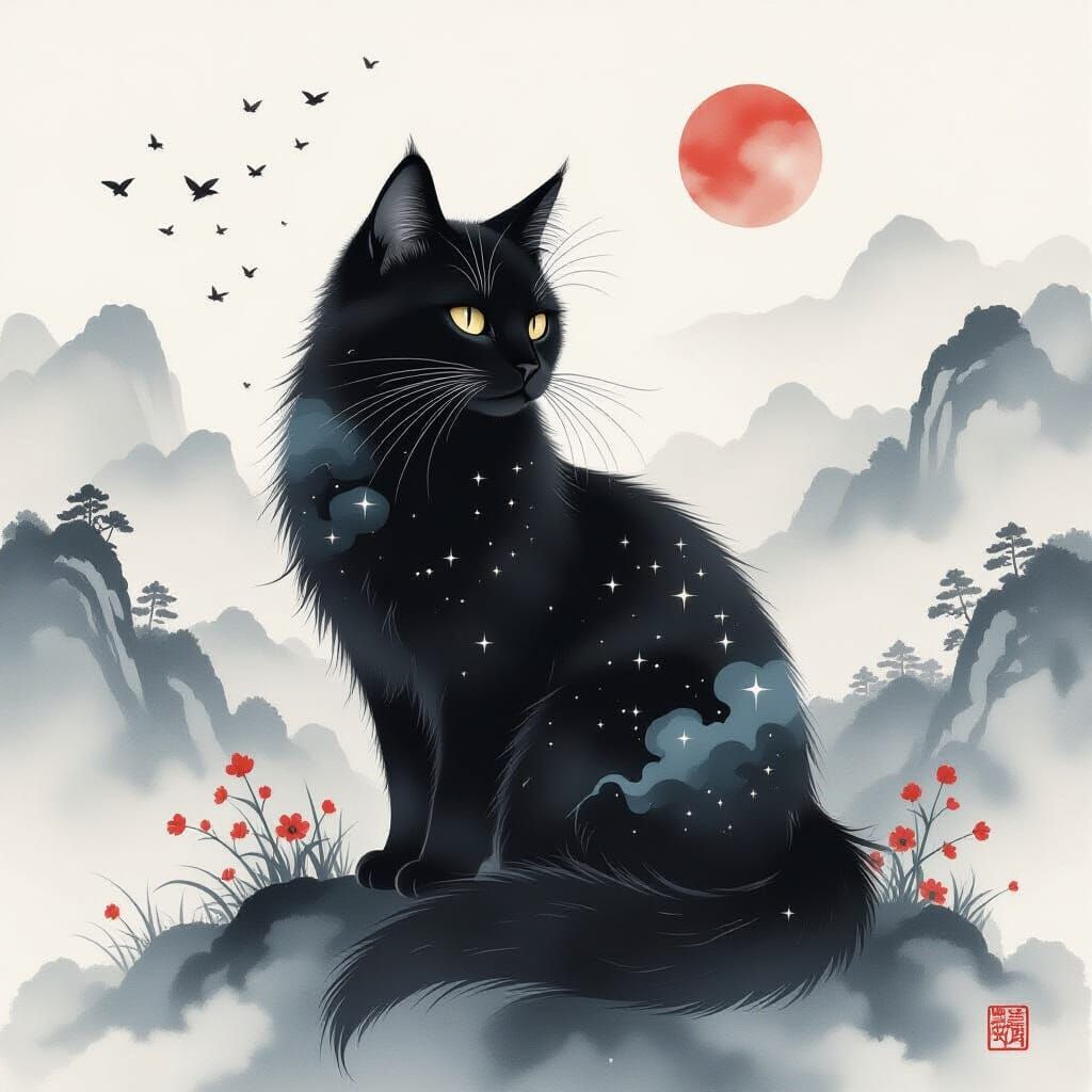 Celestial Ink Cat in Chinese Watercolor Style