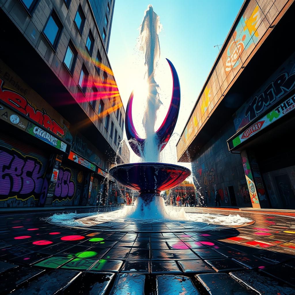 Polychromatic Fountain Graffiti Art in Urban Setting