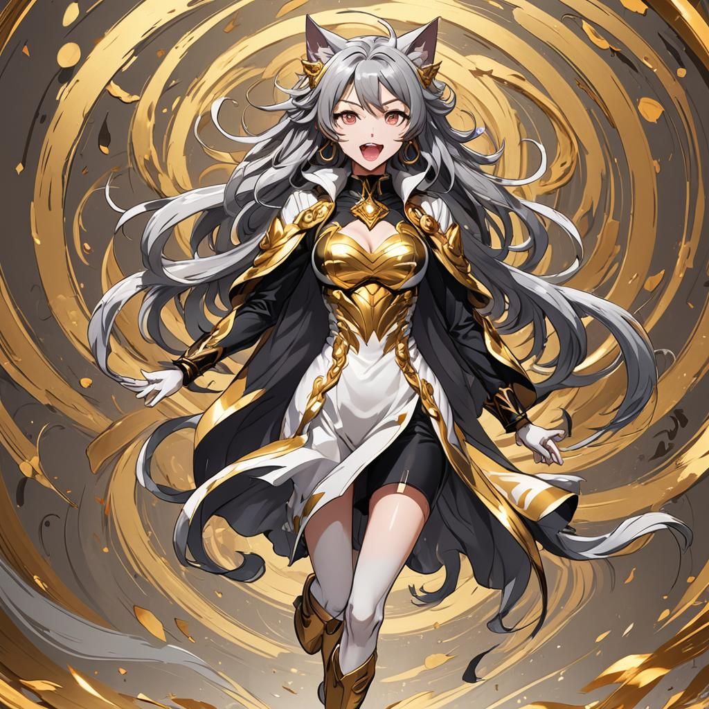Anime Cat Girl Portrait in Vibrant Gold Style