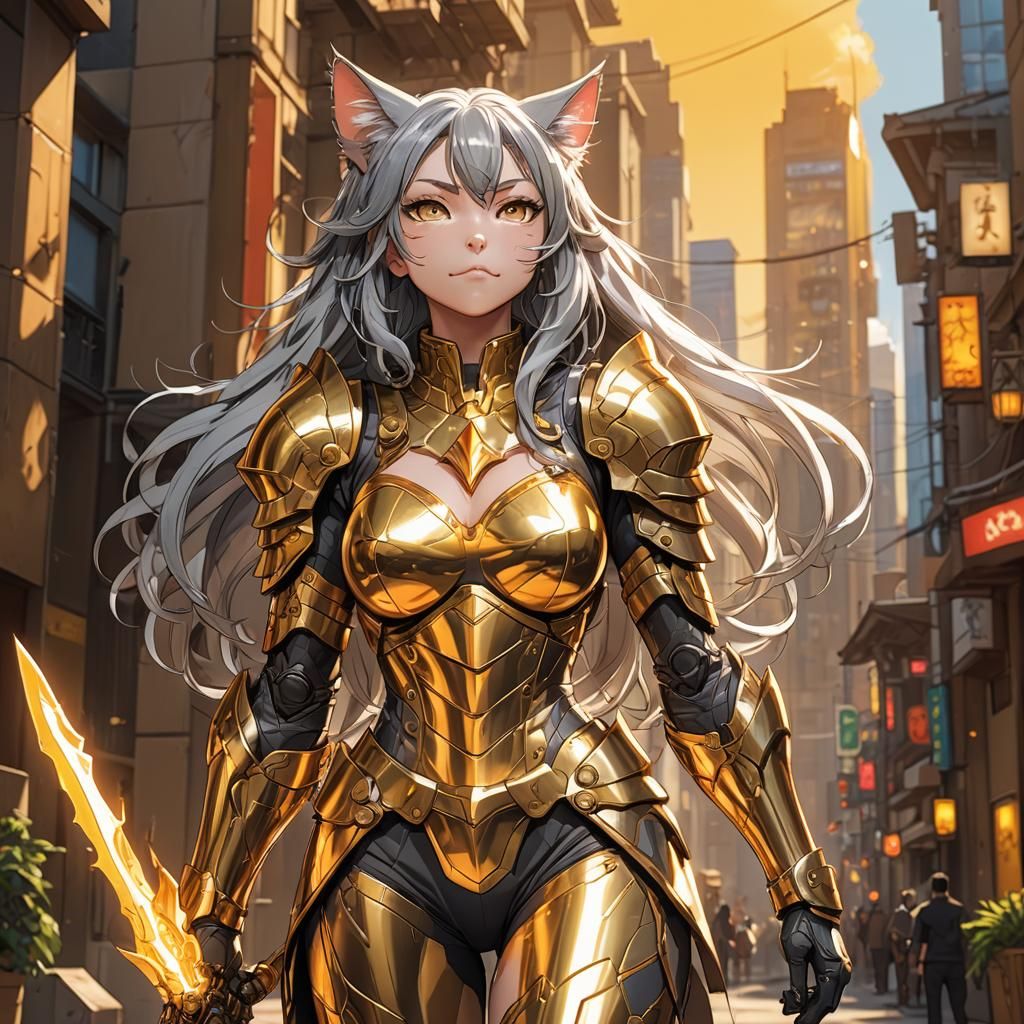 Anime Cat Girl in Golden Armor Digital Art