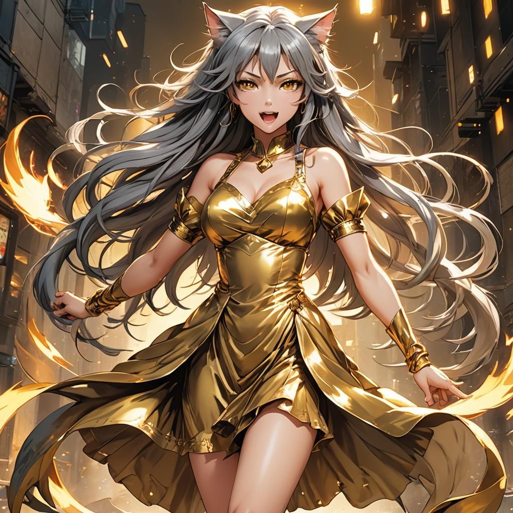 Playful Anime Cat Girl in Golden Dress