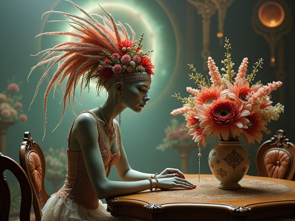 Alien Woman with Flowers in Art Nouveau Style