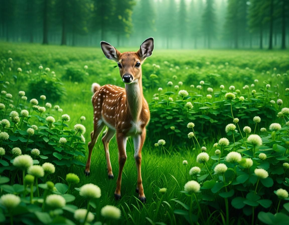 Dancing Fawn in Clover Field: Digital Matte Painting