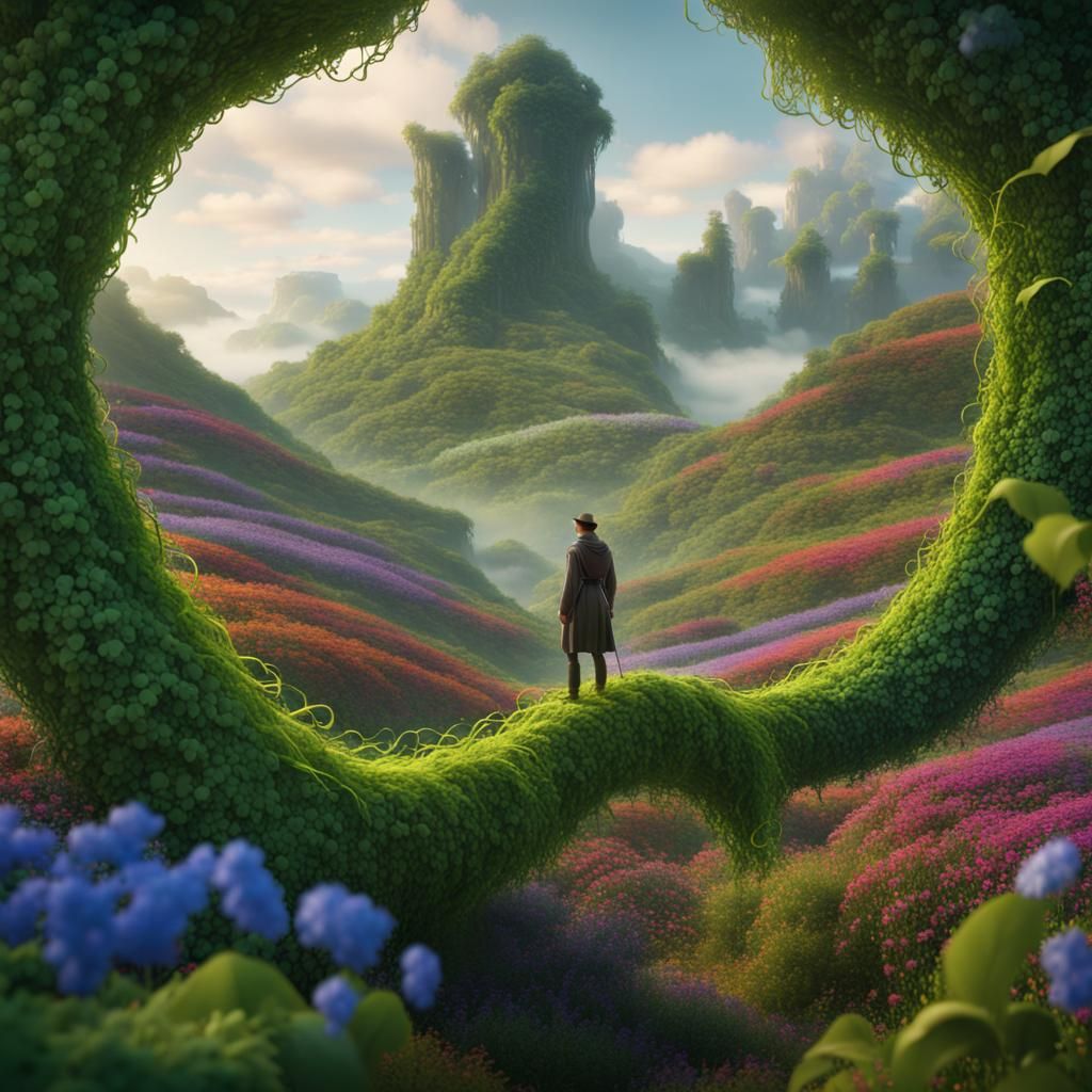 Wanderer on Vine in Valley of Flowers: Fantasy Art