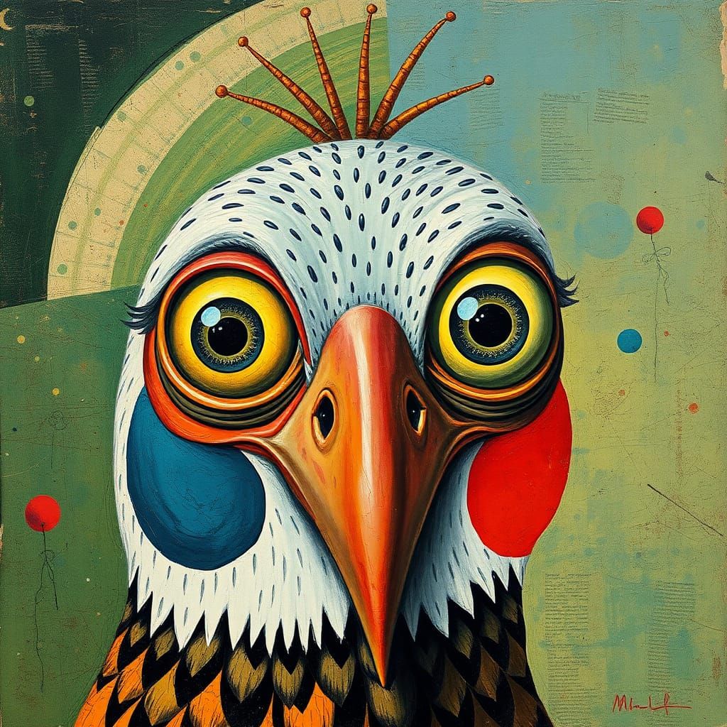 Vibrant Abstract Bird Portrait in Folk Art Collage