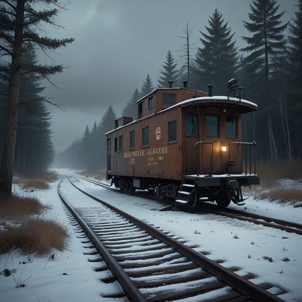 A Worn, Wooden Caboose in a Snowy, Abandoned Landscape