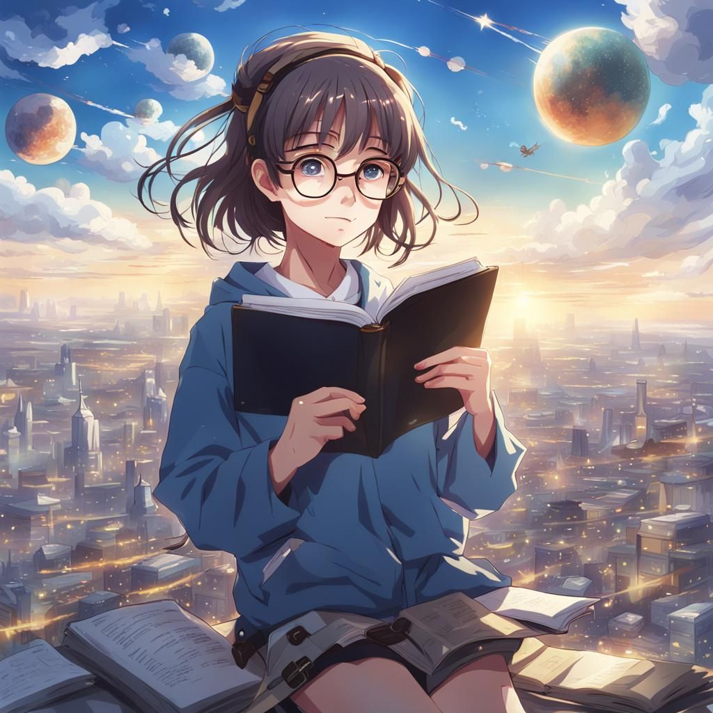 Anime Style: Girl Studying in the Sky