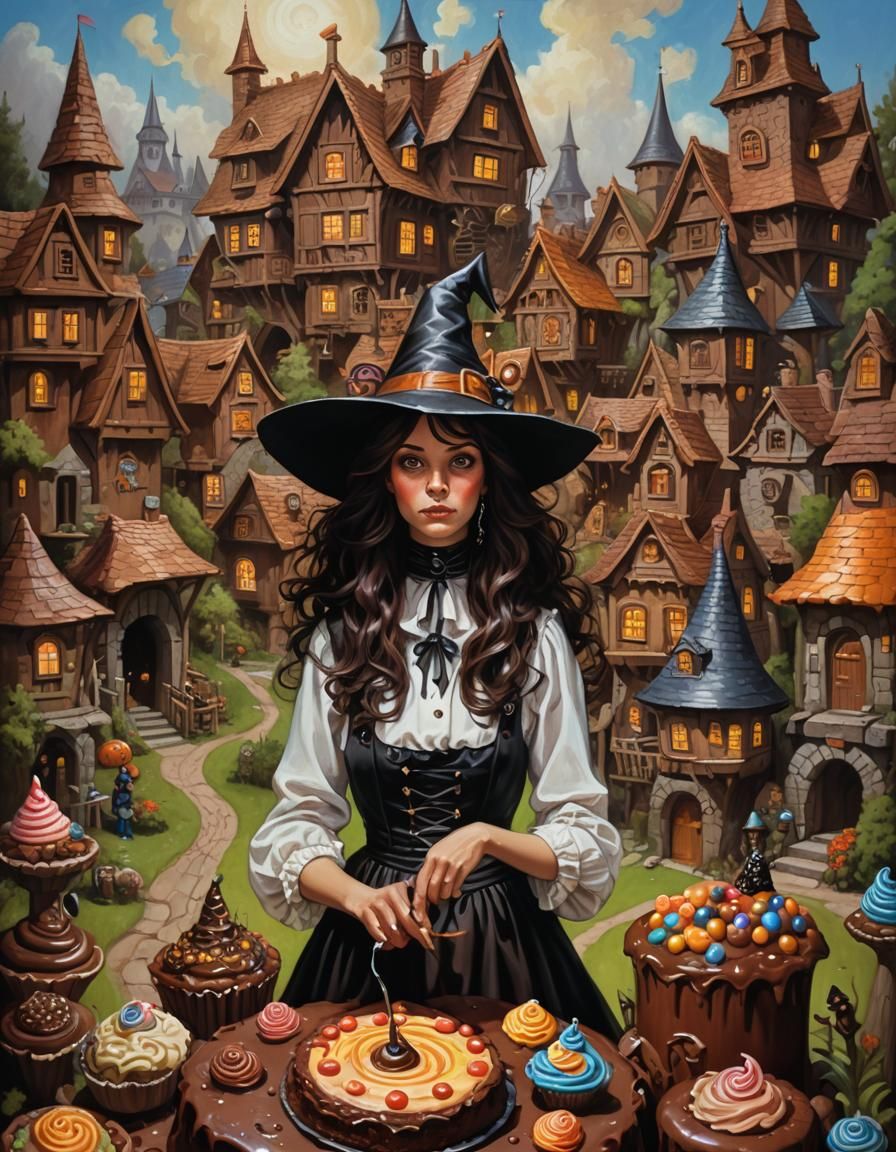 Chocolate Candyland Village Witch: Oil Painting