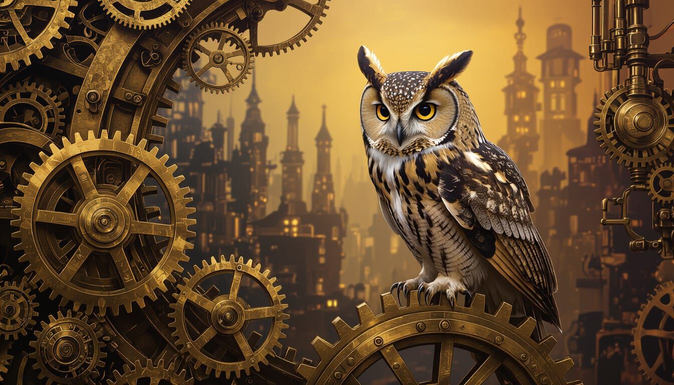 Steampunk Owl on Brass Gear in Surrealist Fantasy Art