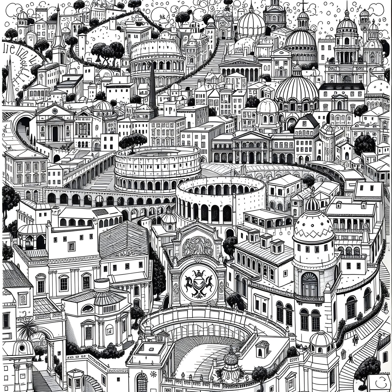 Detailed Doodle Drawing of Rome in Black and White