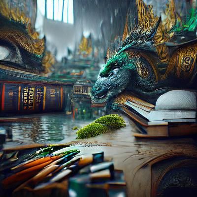 Green Dragon Portrait in Library, Detailed Fantasy Art