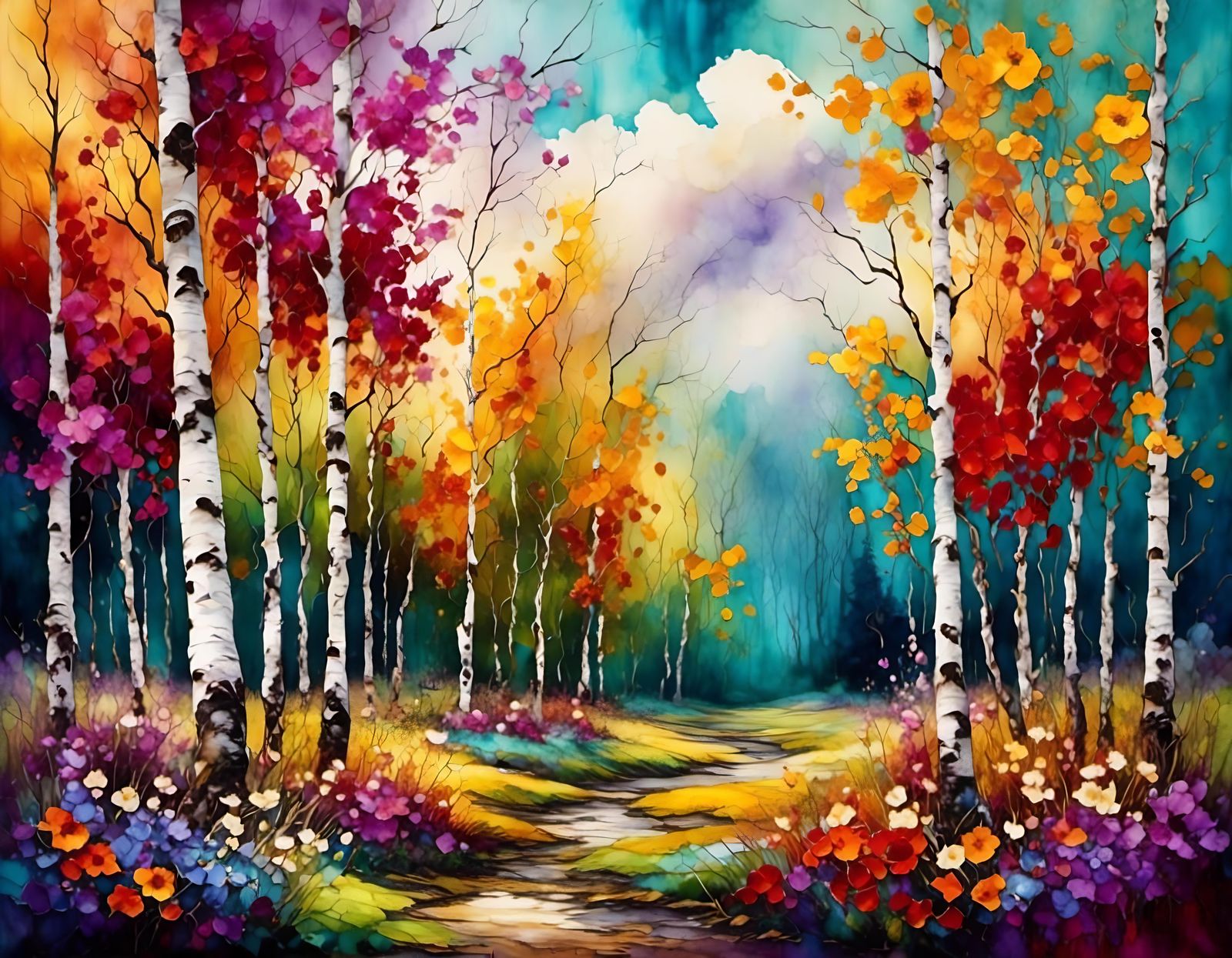 Landscape with white birch trees