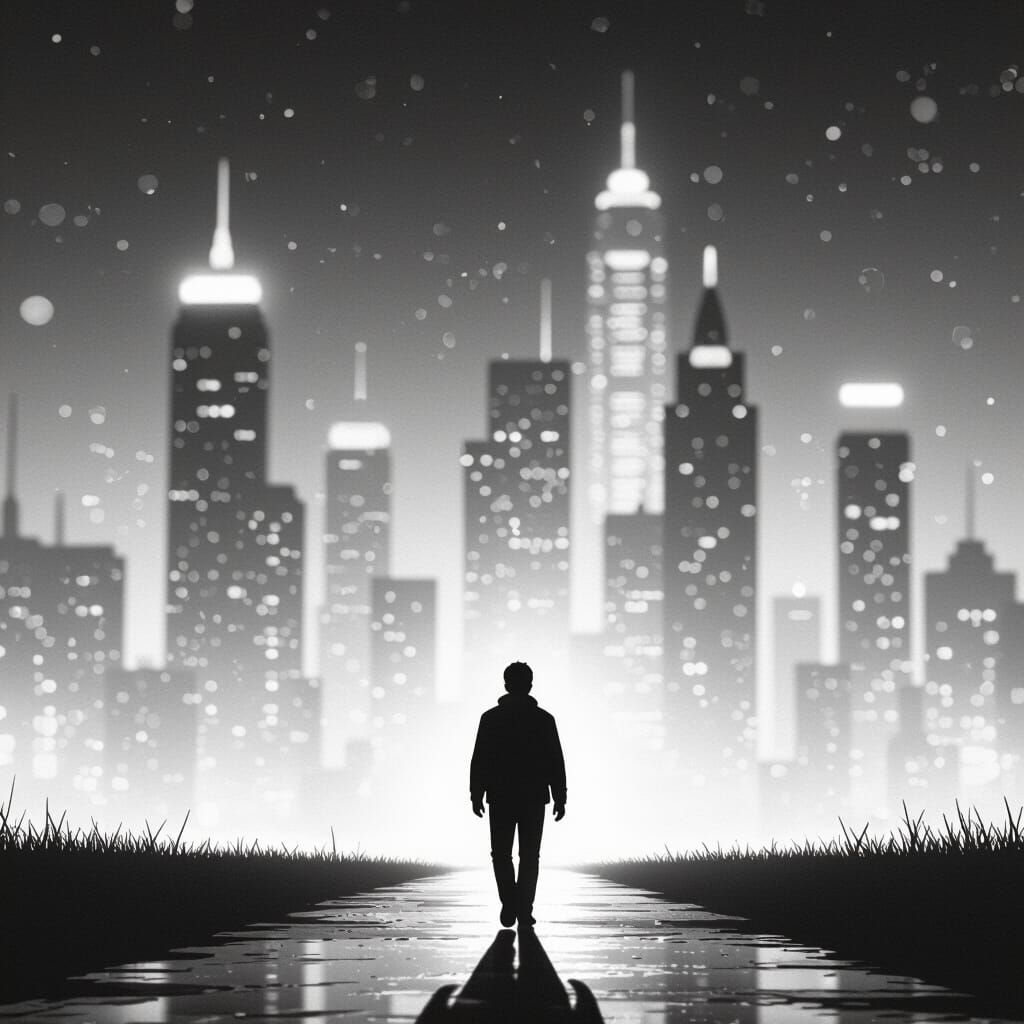 Average Man Walking Towards Light in Dark Night