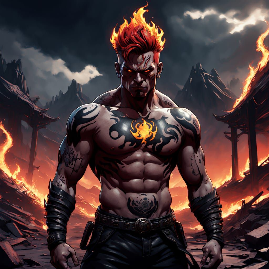 Dark Fantasy Wrestler with Flame Tattoos