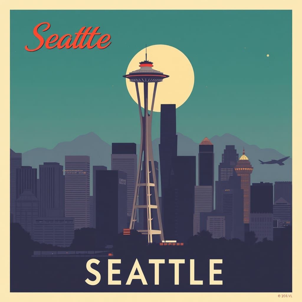 Retro Minimalist Seattle Travel Poster: Ghibli Style