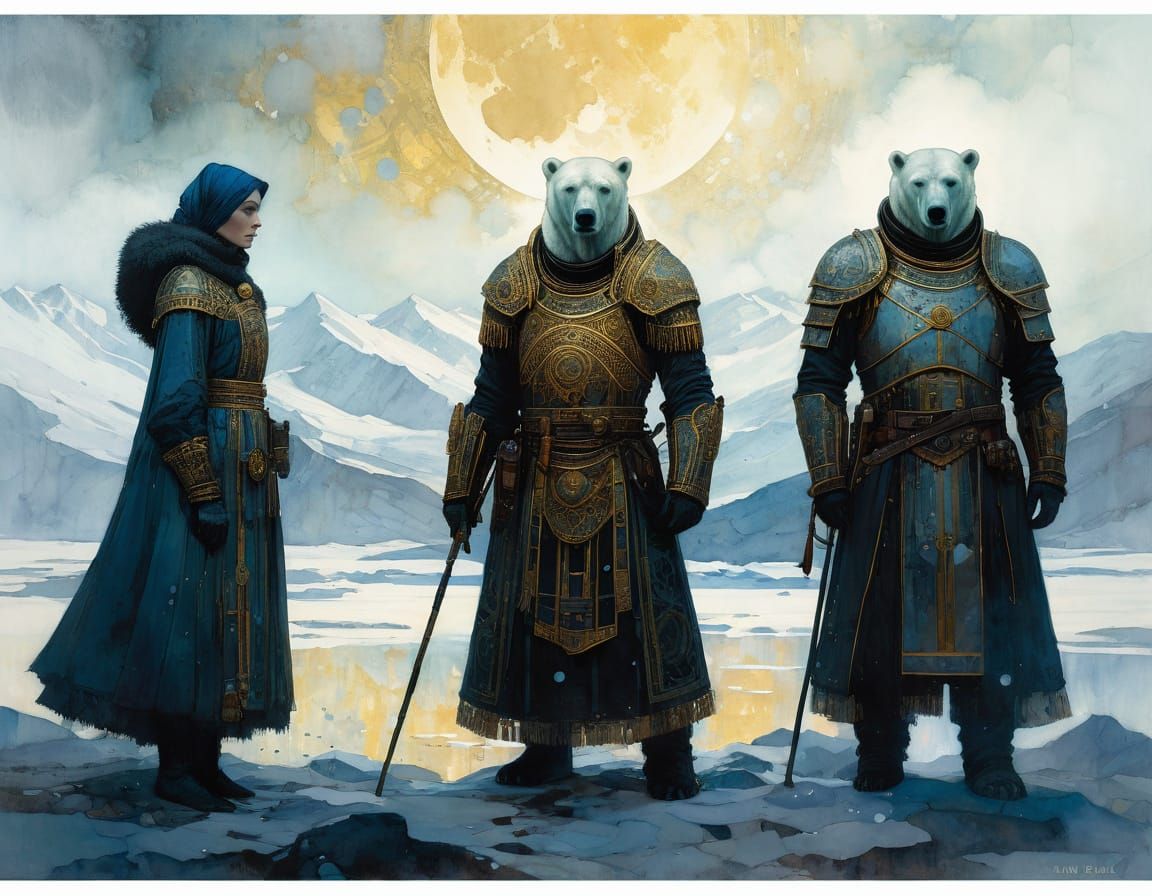Armored Polar Bears in Dreamy Light, Klimt-Inspired Art