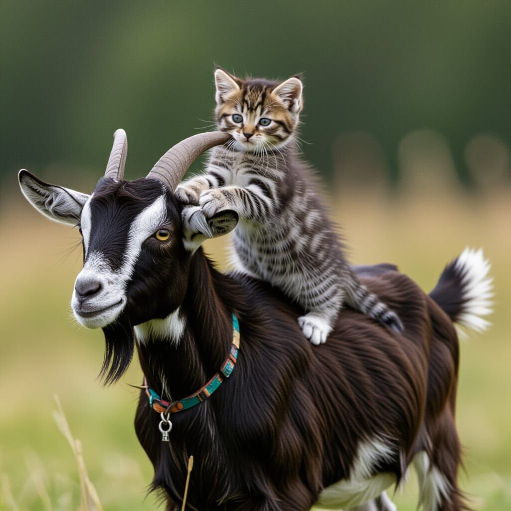 Adorable Kitten Rides Playful Goat