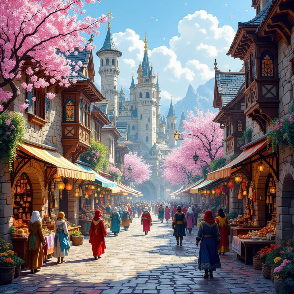 Festive Spring Celebration in Fantasy Town, Oil Painting Sty...