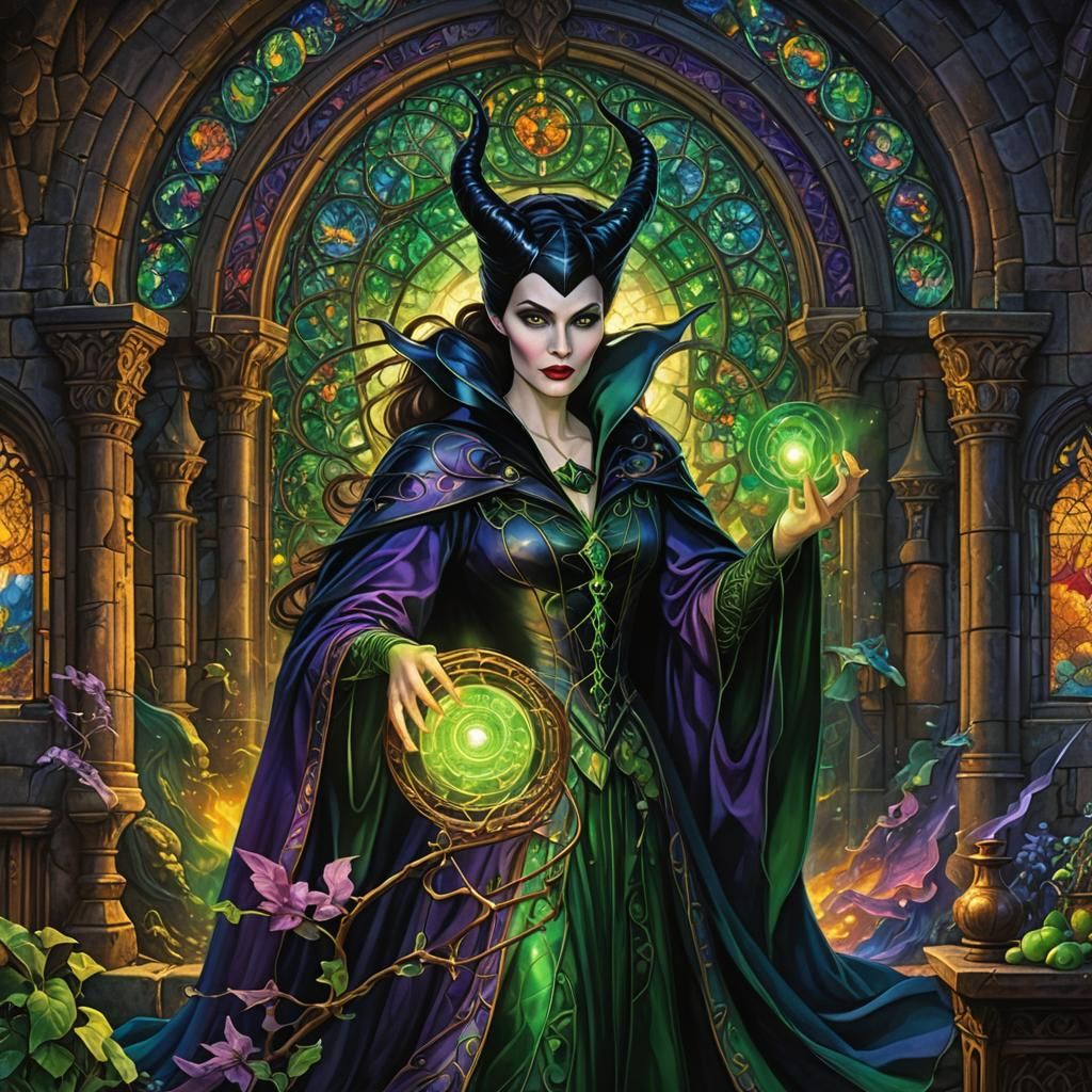 Maleficent in Castle Attic with Green Fire