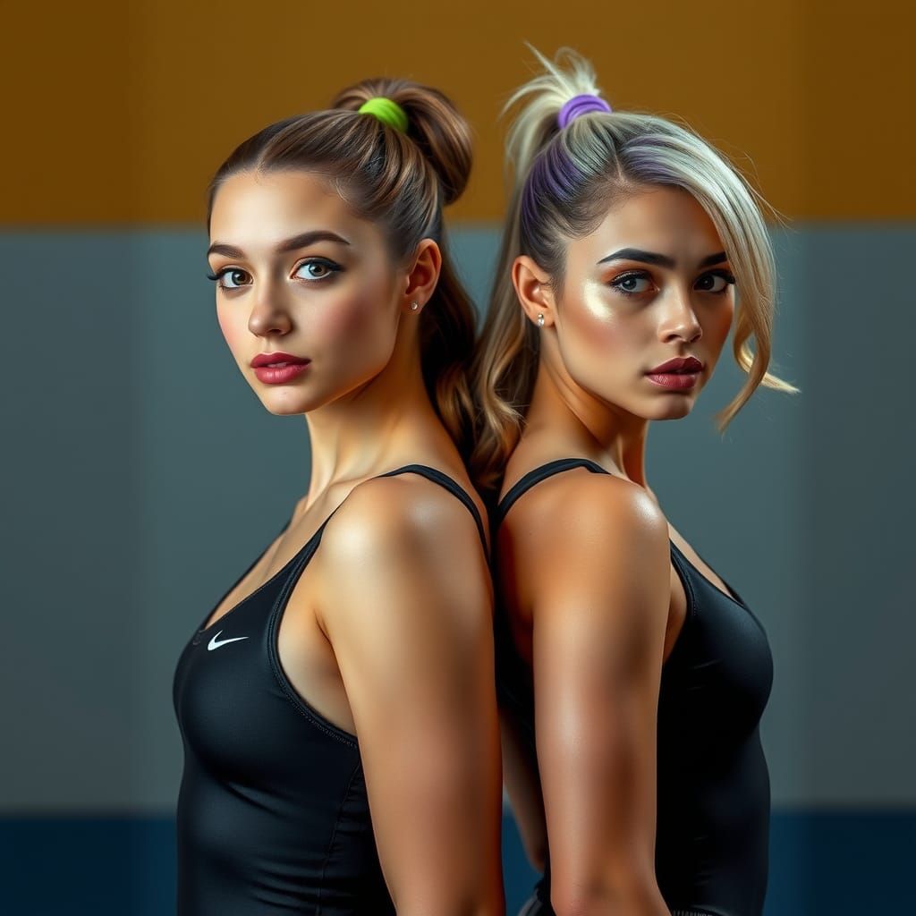Confident Gymnasts in Cyberpunk Style with Iridescent Skin