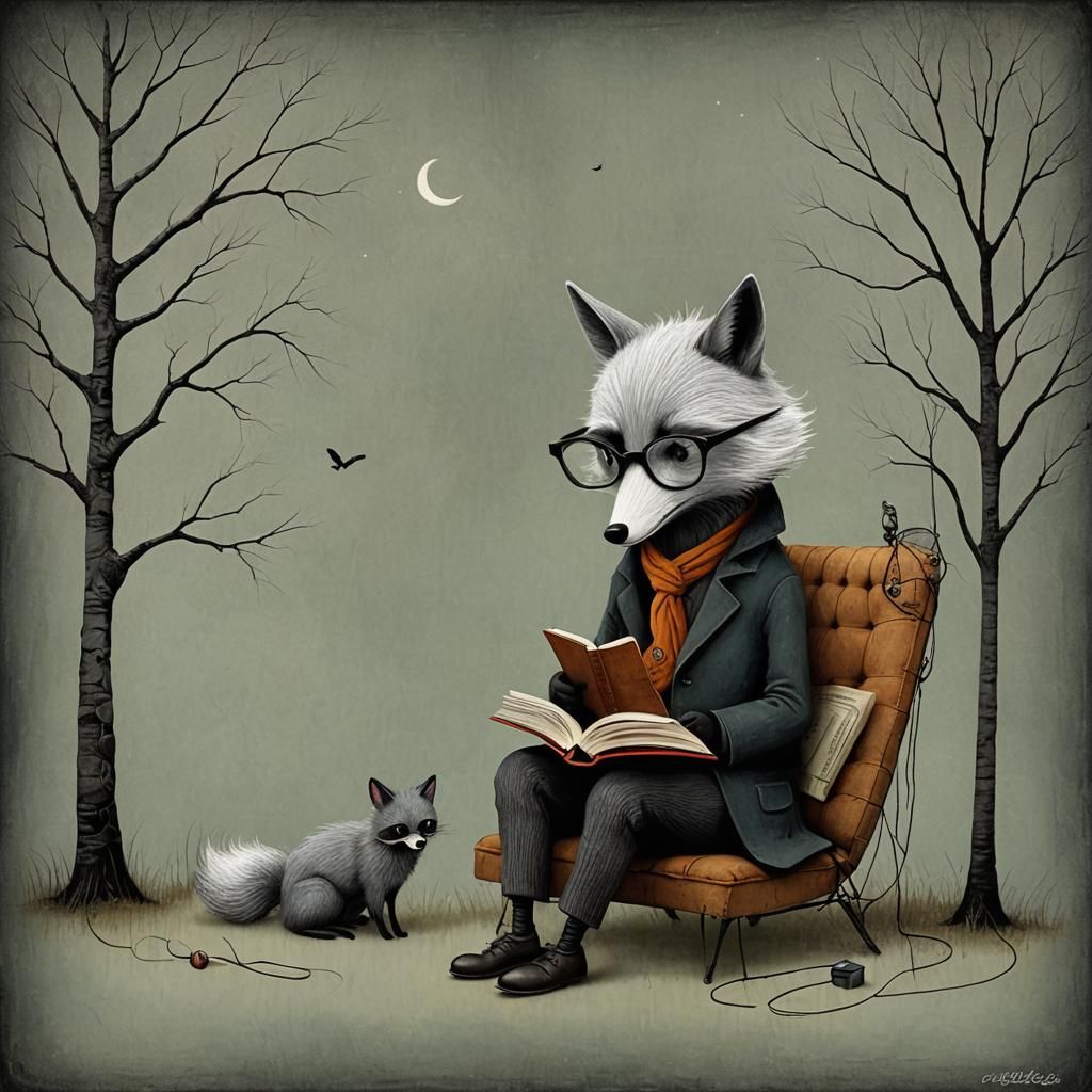 Fox Reading Book in Folk Art Style