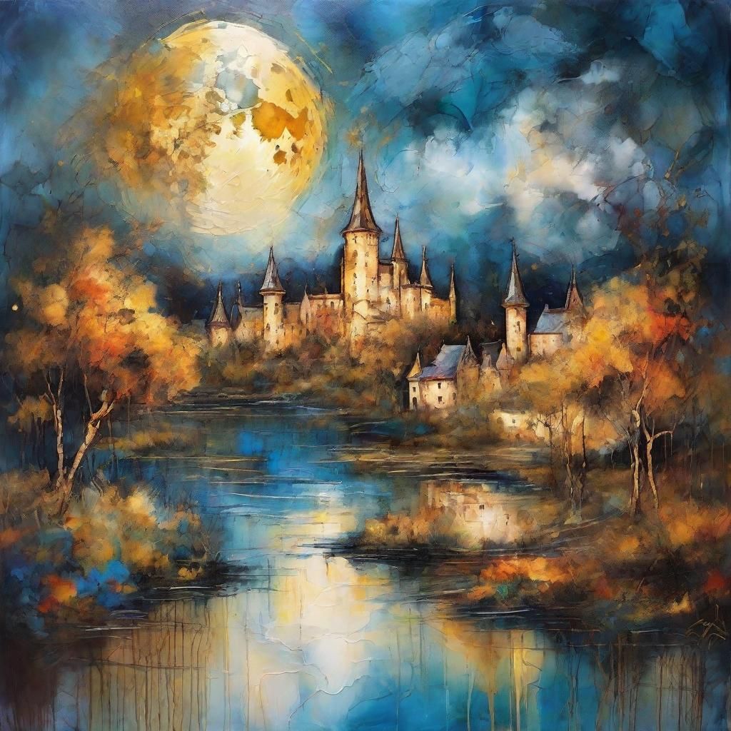 Moonlit River Village: An Encaustic Impressionist Landscape